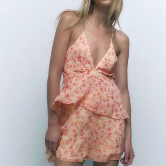 NEW ZARA Piper Chiffon Floral Strappy Mini Dress Tiered Skirt Peach Size XS/S - Picture 1 of 16